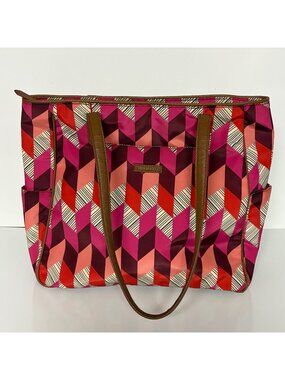 Vera Bradley Large Geometric Print Tote Bag Faux Leather Handles Zipper Closure